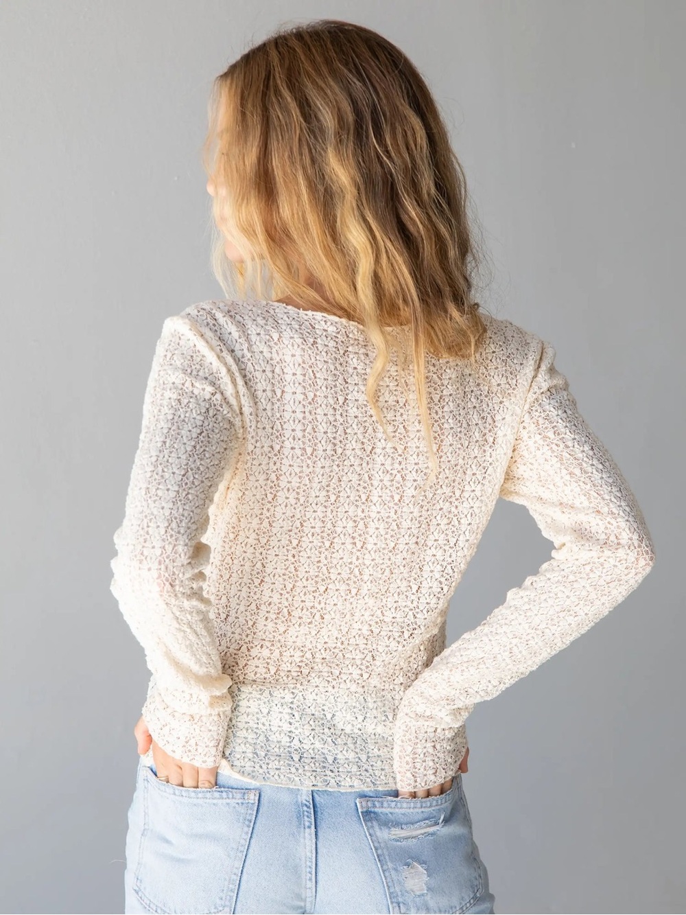 Natural Life Cream Lace Long Sleeve Top Boho Sheer Layering Top Medium - Picture 2 of 12